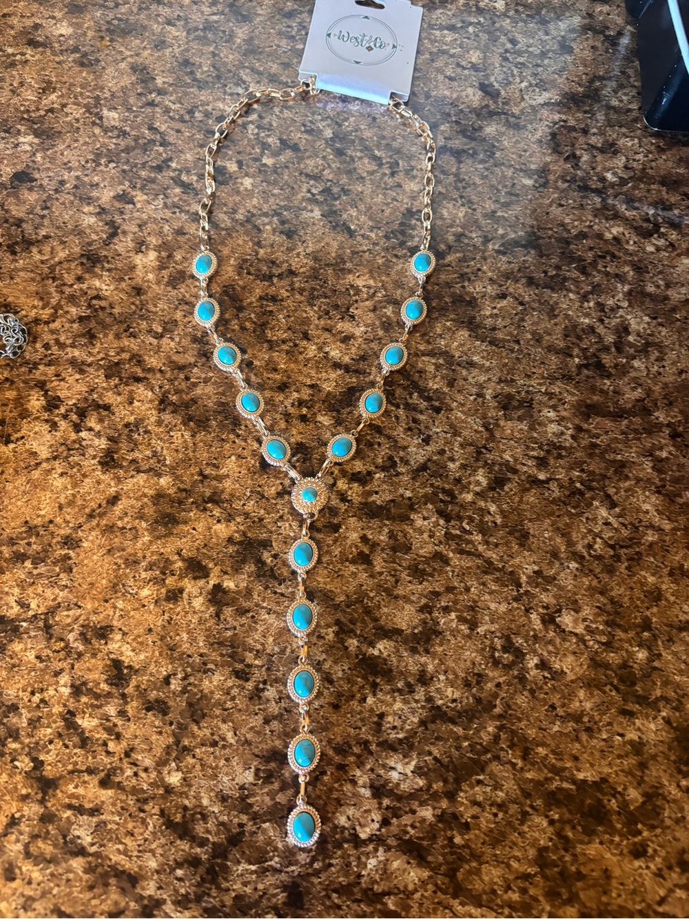 Turquoise Teardrop Y-Style Necklace - Gold Tone -